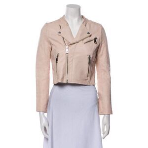 Maje New Authentic Long Sleeve Lamb Leather Biker Jacket Pink Ivory 36 Small